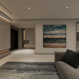 Contemporary living room featuring an elegant sofa, showcasing abstract wall art in a modern style, enhancing the aesthetic appeal of the space while utilizing Homestyler's real-time 3D rendering for design proposals.