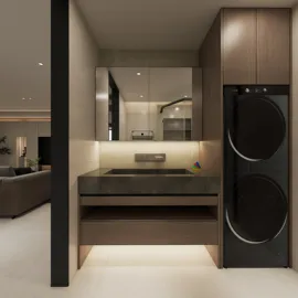 modern laundry area with efficient space utilization featuring stylish cabinetry and a sleek washer-dryer combo designed for small homes using Homestyler's 3D rendering feature.