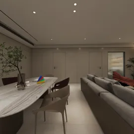 modern dining room with sleek marble table and cozy seating layout, featuring an elegant minimalist style, showcasing interior decor ideas with Homestyler's real-time 3D rendering feature.