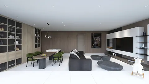 modern living room with furniture arrangement using intelligent furniture placement in a minimalist style, showcasing the value of space optimization in interior design with Homestyler's real-time 3D rendering feature.