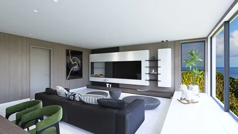 modern living room featuring a sleek sofa and stylish decor with large windows, designed using Homestyler for optimal interior decor planning.