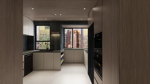 Modern kitchen design showcasing sleek cabinetry and contemporary appliances with a focus on space optimization using Homestyler's real-time 3D rendering feature for efficient renovation preview.