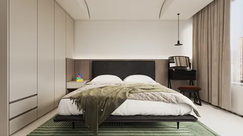 modern bedroom with cozy bedding and stylish decor featuring green rug and elegant curtains, showcasing interior design optimization using Homestyler's real-time 3D rendering.