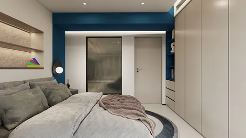 modern bedroom design featuring a cozy bed with plush bedding and textured throw blanket, accented with deep blue walls and sleek storage solutions, ideal for creating a stylish and functional interior space using Homestyler's real-time 3D rendering.
