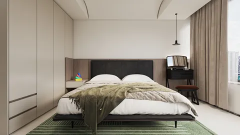 modern bedroom design featuring a bed with textured bedding, incorporating smart furniture layout for space optimization, showcasing a sleek contemporary style, ideal for small spaces using Homestyler's 3D rendering functionality.
