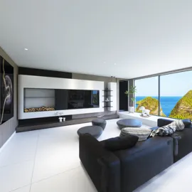 modern living room with a scenic ocean view featuring open space design and large windows showcasing nature, utilizing Homestyler's real-time 3D rendering for interior decor visualization.