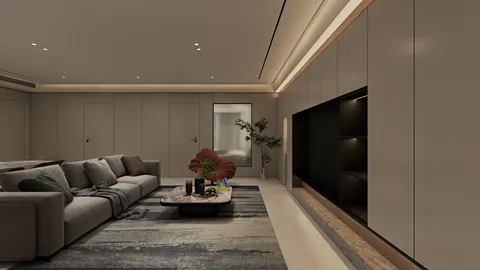 modern living room with stylish sofa and sleek cabinetry showcasing sophisticated ambiance and space optimization using Homestyler's real-time 3D rendering feature.