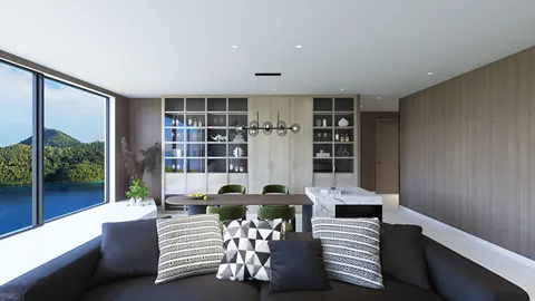 Modern living room design featuring a sectional sofa and dining area, characterized by a minimalist style and panoramic windows overlooking a lake, utilizing Homestyler's real-time 3D rendering for an immersive preview.