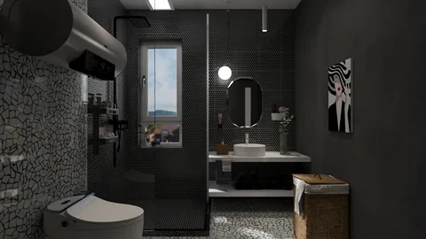 Modern bathroom design featuring a sleek shower area and minimalist vanity with a round mirror, showcasing a contemporary style and enhancing the aesthetic value of the space using Homestyler's real-time 3D rendering feature.