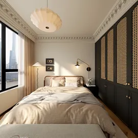 Stylish bedroom with a plush bed and elegant decor showcasing minimalist design principles, featuring real-time 3D rendering for interior design visualization.
