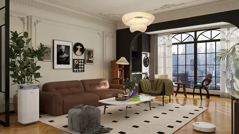 modern living room with stylish furniture arrangement showcasing a blend of classic and contemporary design elements, emphasizing interior decor for harmonious space utilization, utilizing Homestyler's real-time 3D rendering feature to preview design proposals.