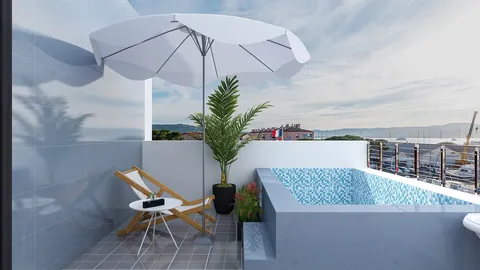 balcony area featuring a lounge chair and umbrella with a small plunge pool, designed in a modern coastal style, showcasing interior decor concepts with real-time 3D rendering functionality from Homestyler.
