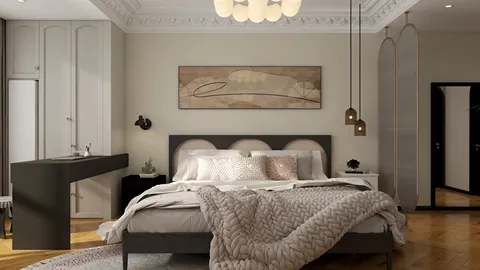 modern bedroom design with a cozy atmosphere featuring a stylish bed arrangement, showcasing a soft color palette and contemporary decor, optimized for interior comfort using Homestyler's real-time 3D rendering technology.