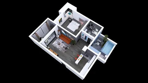 3D room layout featuring a cozy living area with a modern sofa, a stylish bedroom, and a small outdoor space with a pool, designed using Homestyler's real-time 3D rendering feature for quick visualization.