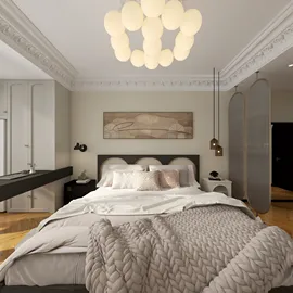 Cozy bedroom featuring a plush bed arrangement with soft bedding and stylish decor elements, designed in a modern minimalist style for tranquil relaxation, utilizing Homestyler's real-time 3D rendering feature.