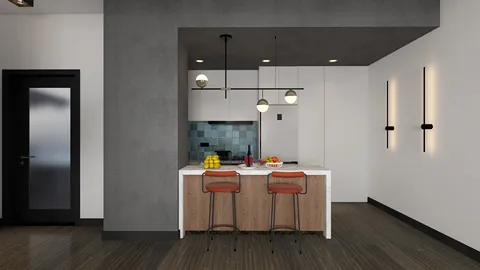Modern kitchen interior featuring a sleek island design with bar stools, utilizing Homestyler's real-time 3D rendering for a stylish and functional space.