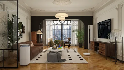 A cozy living room featuring a modern furniture arrangement, adorned with a stylish rug and decorative plants, showcasing a blend of contemporary and classic design aesthetics, ideal for interior decor inspiration. Utilizes Homestyler's real-time 3D rendering feature for accurate design previews.