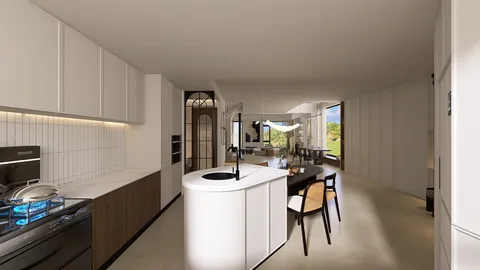 Modern kitchen design featuring a sleek island layout with intelligent furniture arrangement for optimal space utilization, showcasing the functionality of Homestyler's real-time 3D rendering.