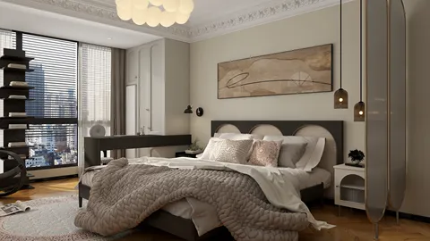 modern bedroom with a cozy bed arrangement featuring stylish bedding and decorative pillows in a contemporary style, showcasing interior decor trends for a comfortable living space, utilizing Homestyler's real-time 3D rendering feature.