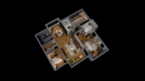 3D layout of a modern living space showcasing furniture arrangement and decor with an emphasis on open floor plan, designed using Homestyler's real-time 3D rendering feature for an immersive design preview.