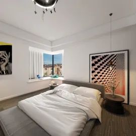 modern bedroom design showcasing a cozy layout with a bed and decorative artworks, emphasizing interior decor with smart furniture arrangement using Homestyler's 3D rendering feature for realistic preview.