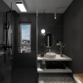 modern bathroom interior showcasing a sleek sink and minimalist design with a focus on grey tones and natural light, featuring Homestyler's real-time 3D rendering for visualization.