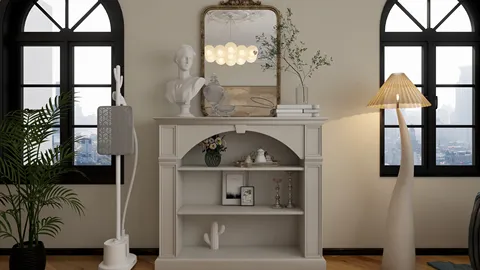 Modern bookshelf showcasing curated decor items and a stylish lamp in a cozy living room with large windows, enhancing the interior design with Homestyler's real-time 3D rendering feature.