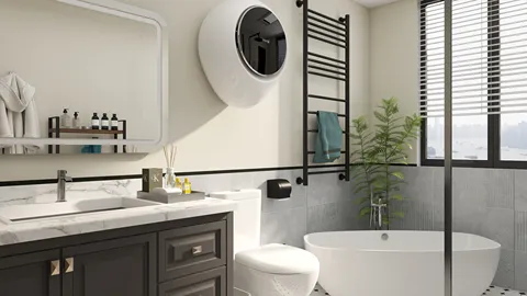modern bathroom design featuring a freestanding bathtub and stylish decor enhancing functional space; includes Homestyler's real-time 3D rendering for accurate visual representation.