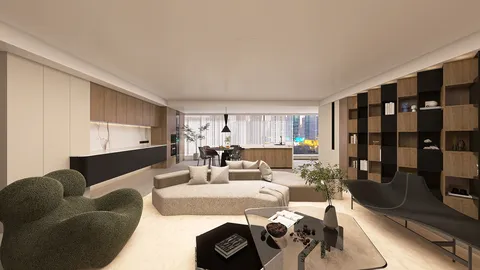 modern living room design featuring a spacious layout with cozy furniture arrangement, showcasing a contemporary style focused on comfort and functionality, utilizing Homestyler's real-time 3D rendering feature for effective visualization.