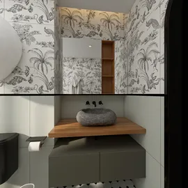 modern bathroom design featuring stylish wall wallpaper, optimizing small spaces with smart furniture arrangement, showcasing Homestyler's 3D rendering capabilities.