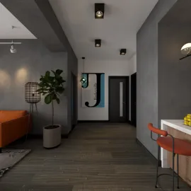 contemporary hallway design showcasing smart furniture arrangement in a modern apartment, featuring a cozy sofa and decorative plants, utilizing Homestyler's real-time 3D rendering for design proposal.