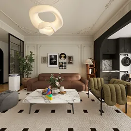 modern living room featuring a cozy sofa and stylish chairs, showcasing 3D interior design concepts with a sophisticated blend of elegance and functionality, highlighting Homestyler's real-time 3D rendering feature.