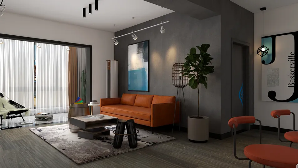 modern living room featuring an orange sofa and stylish decor, showcasing a contemporary interior design with intelligent furniture arrangement using Homestyler's smart furniture layout function.
