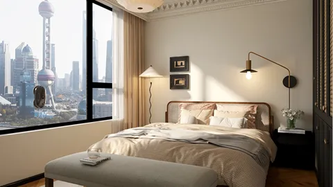 A spacious bedroom featuring a comfortable bed with decorative pillows and a stylish bench, designed using a modern aesthetic that enhances the room's value with large windows offering an impressive city skyline view, showcasing the Homestyler's real-time 3D rendering feature for instant design visualization.