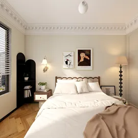 Cozy bedroom with a wooden bed and elegant decor, featuring a classic design style to enhance relaxation and comfort, showcasing Homestyler's real-time 3D rendering functionality.