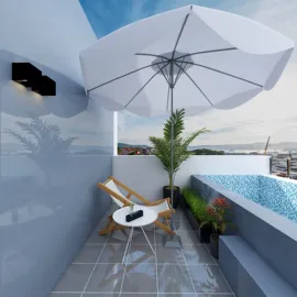 outdoor balcony seating with umbrella and plant arrangements showcasing modern design elements for relaxation and leisure, utilizing Homestyler's 3D rendering feature for accurate visual representation.