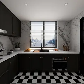 Modern kitchen design featuring dark cabinetry and marble backsplash, showcasing a stylish renovation in a contemporary style, utilizing Homestyler's real-time 3D rendering feature.