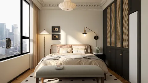 A cozy bedroom featuring a stylish bed arrangement and elegant decor, designed in a modern style, showcasing the space optimization potential of Homestyler's intelligent furniture layout feature.