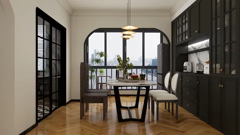 modern dining area showcasing a stylish table arrangement and elegant chairs in a contemporary design, emphasizing space optimization with Homestyler's real-time 3D rendering feature.