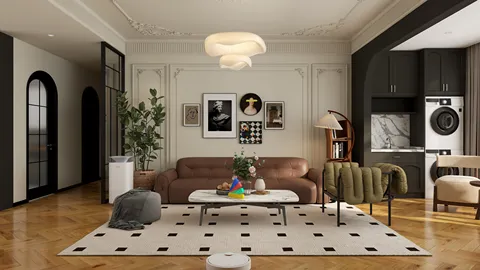 modern living room with stylish sofa and decorative art pieces featuring furniture arrangement in a cozy atmosphere utilizing Homestyler's intelligent furniture layout feature