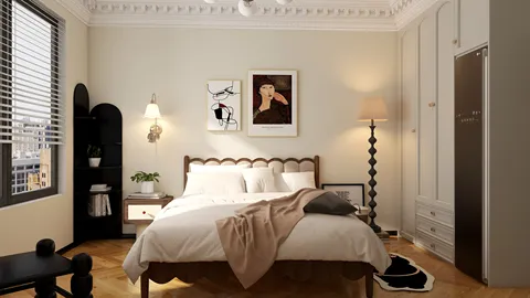 modern bedroom design featuring a cozy bed layout with warm lighting and stylish decor elements for creating a relaxing space, showcasing the Homestyler real-time 3D rendering feature.