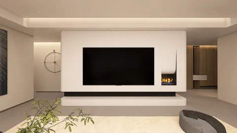 modern living room interior featuring a minimalist entertainment wall with a fireplace design, showcasing a sleek aesthetic for contemporary home decor; highlights Homestyler's real-time 3D rendering feature.