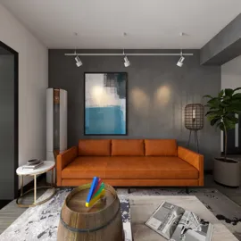 modern living room with orange sofa and stylish decor featuring artwork and plants using Homestyler's real-time 3D rendering for an immersive interior design experience.