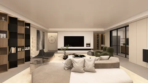 Modern living room design showcasing a spacious layout with stylish furniture arrangement, featuring a cozy sectional sofa and contemporary decor, utilizing Homestyler's real-time 3D rendering for accurate visualization.