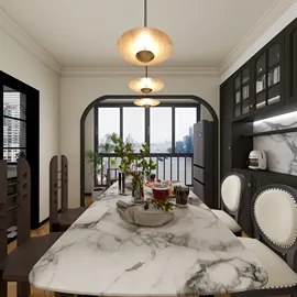 modern kitchen with a marble dining table and elegant lighting, featuring a stylish black and white design that enhances the space value, utilizing Homestyler's real-time 3D rendering for renovation preview.