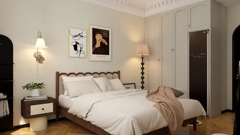 Stylish bedroom design featuring a cozy bed with soft linens, showcasing modern art and classic elements, optimized for user comfort and aesthetics, utilizing Homestyler's real-time 3D rendering.