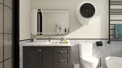 modern bathroom design featuring a stylish vanity and sleek fixtures with an emphasis on functionality and aesthetics, showcasing Homestyler's real-time 3D rendering feature for an accurate design proposal.
