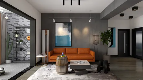 Modern living room featuring an orange sofa, designed for a cozy atmosphere, with integrated smart furniture arrangement using Homestyler's real-time 3D rendering feature.