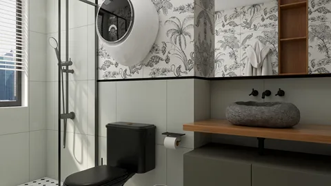 modern bathroom design featuring a sleek shower area and stylish stone sink, showcasing an elegant tropical wallpaper style, utilizing Homestyler's real-time 3D rendering feature for accurate renovation previews.