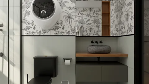 Modern bathroom design featuring a stylish sink and storage solutions with a tropical wallpaper accent, utilizing Homestyler's real-time 3D rendering for effective interior decor planning.